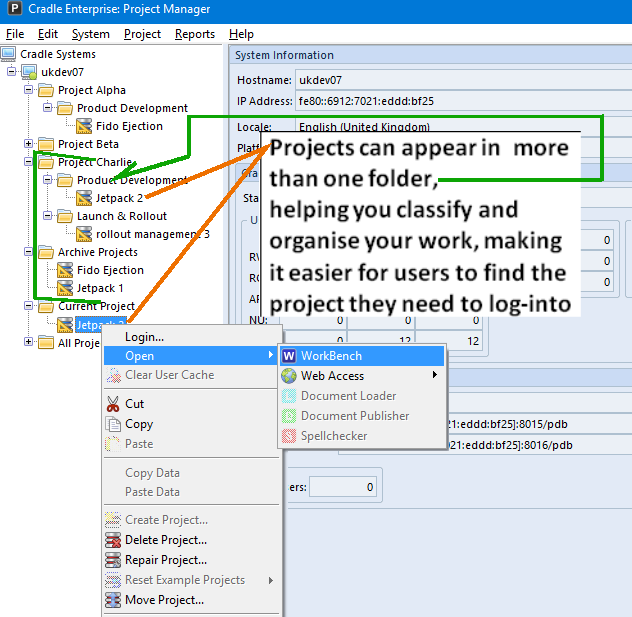 Project Manager showing projects in folder organisation.