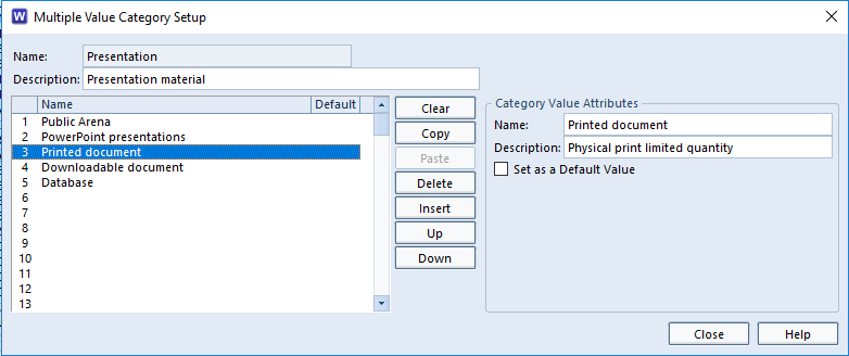 Project setup of multiple value category