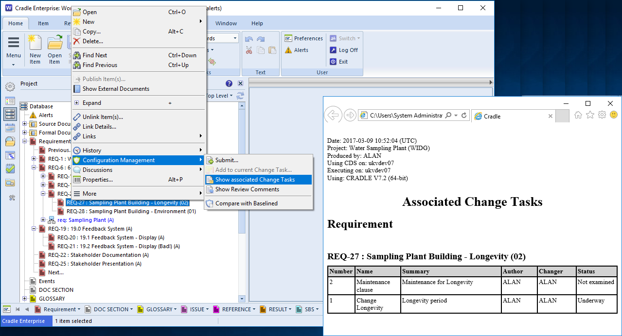 Depiction of the associated Change Task report