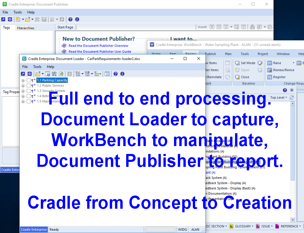 End to end management of requirements Document Loader WorkBench and Documtn Publisher