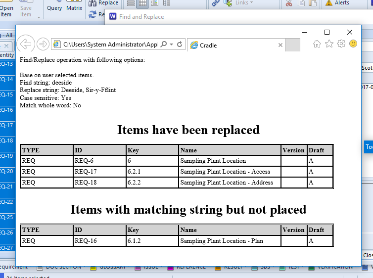 Find and replace result report