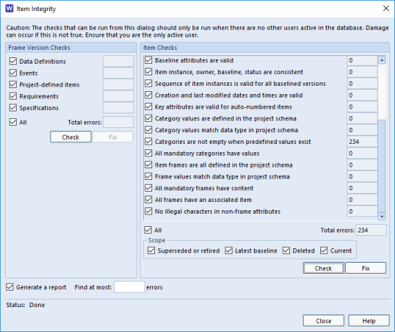 Item Integrity Checker dialog