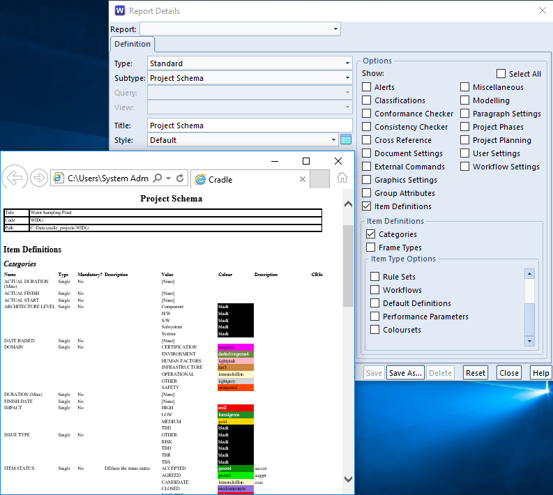 Shows selection of part of the project schema and resultant report