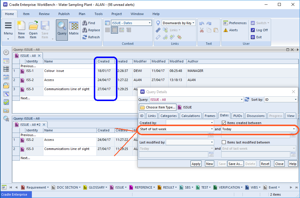 Screenshot showing querying on dates providing creation date filtering