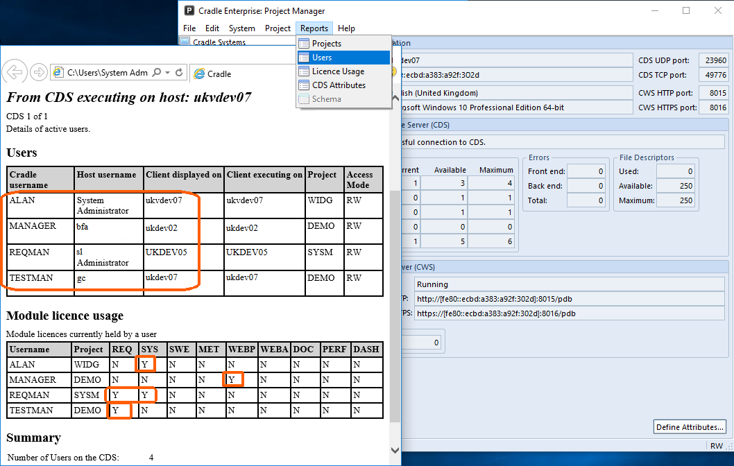 User report from Project Manager showing users and licences