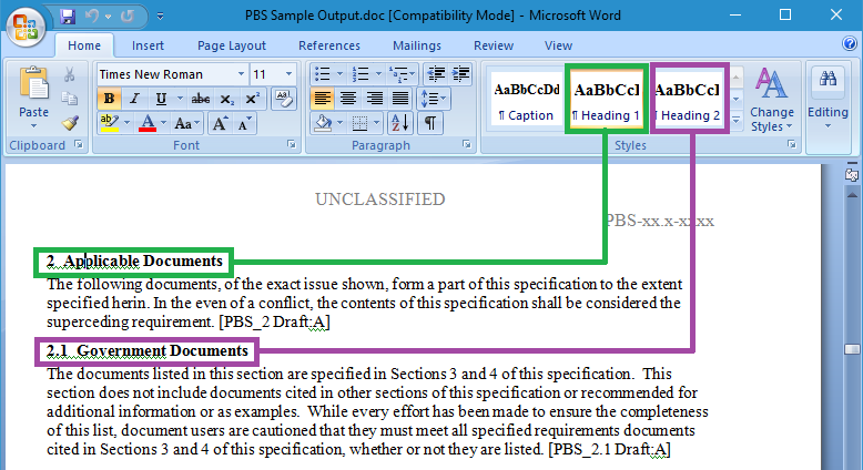 Screenshot showing different heading styles in document indicating different levels in the hierarchy