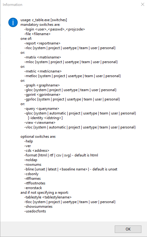 Information on command options for c_table to use in batch file reporting