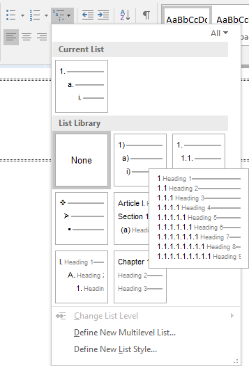 Multilevel List options