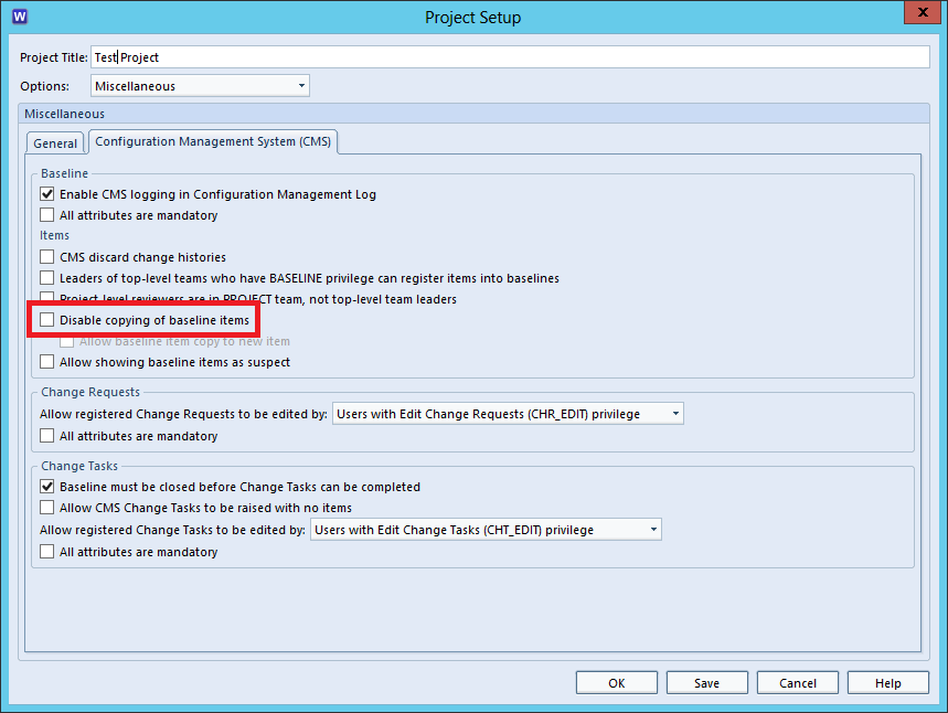 Image of Project Setup with Disable Copying of Baselined Items Option Highlighted