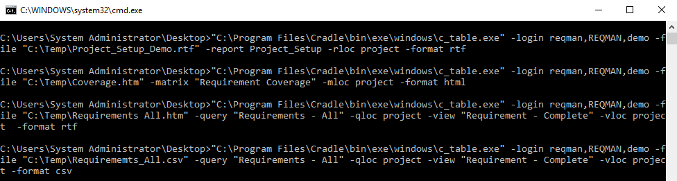 Command prompt with some of the command lines used in the Batch File Reports