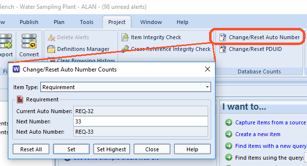 showing the Reset Auto Number Counts dialog