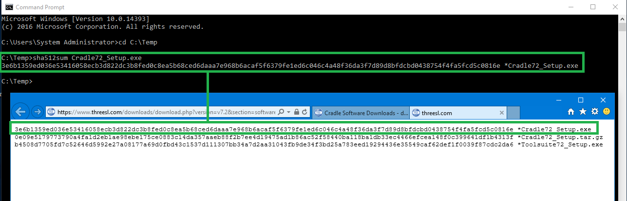 Screenshot showing a SHA512 checksum result