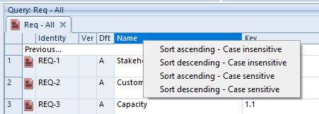 The sort options available when a column heading is selected.