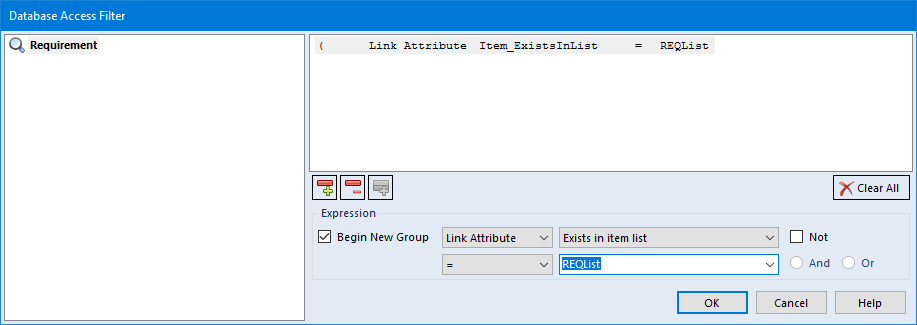 Database Access Filter Dialog showing $ItemList