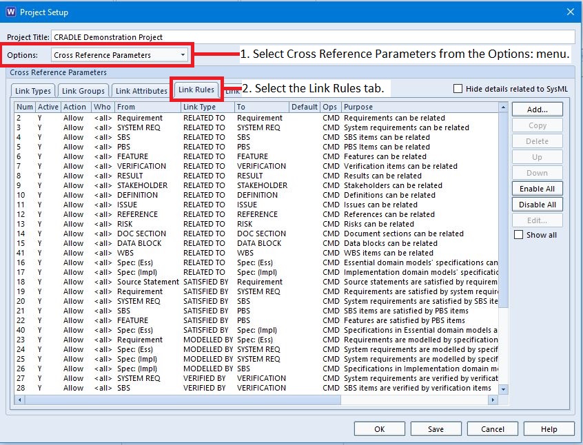 How the Link Rule Setup dialog can be opened in WorkBench Project Manager in order to create link rules.