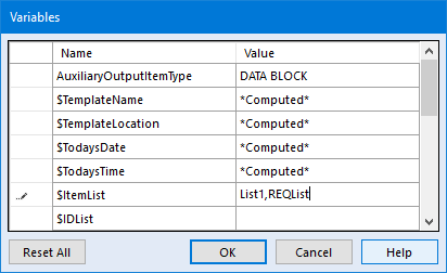 User Variables Dialog Showing Item List Variable