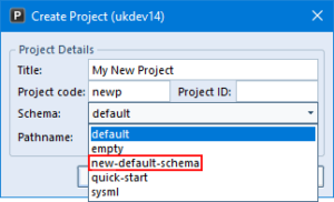 Create Project dialog showing available schemas