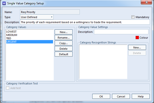 Project Schema category colour code setup dialog.