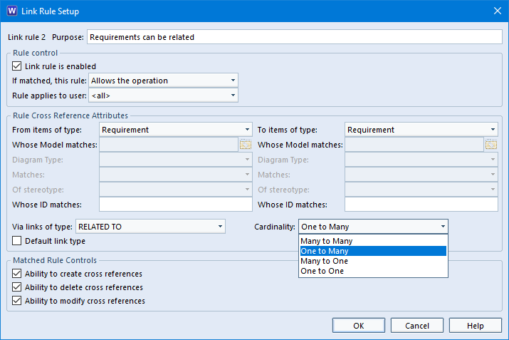 Link Rule Setup options