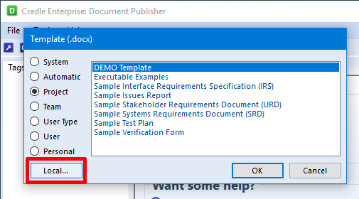 Document Publisher Open Template dialog