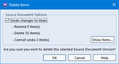Dialog shown when deleting source document versions