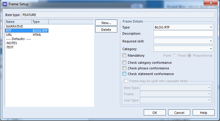 Frame Setup dialog showing RTF frame assigned to FEATURE item type