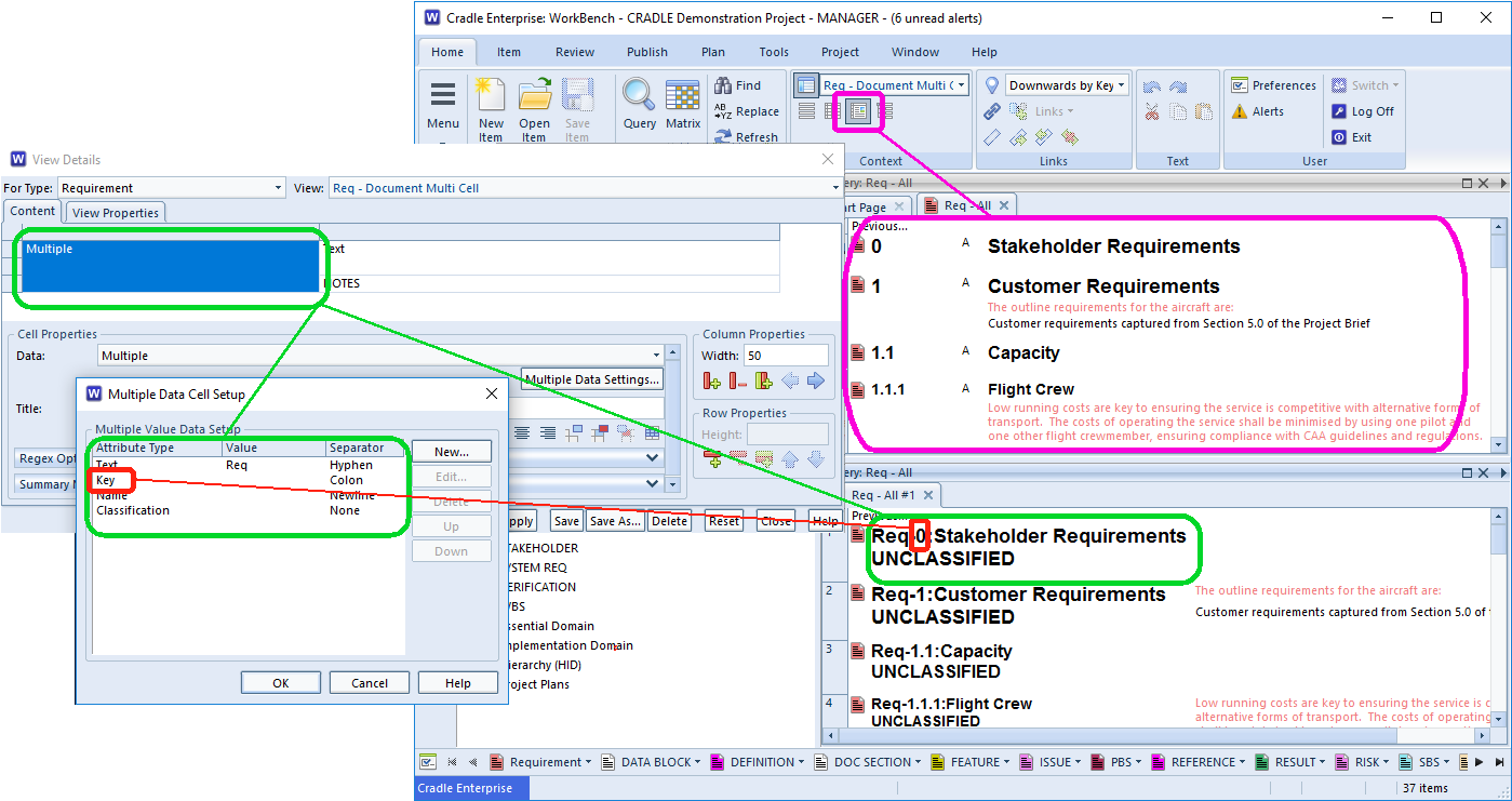 Showing the dialogs and results to use multiple data cell in document view