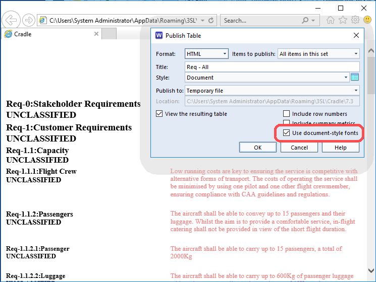 Dialog and result of publishing table with document style fonts