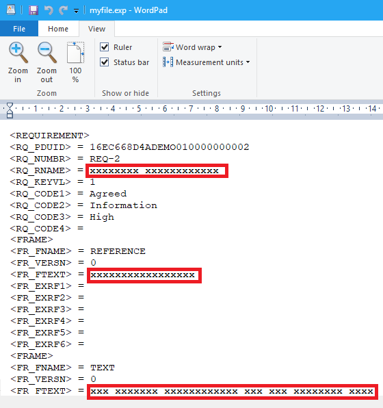 Screenshot of sanitsised data in an import file
