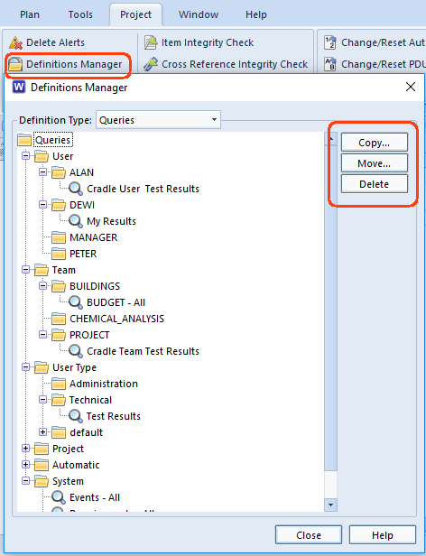 showing the definitions manager