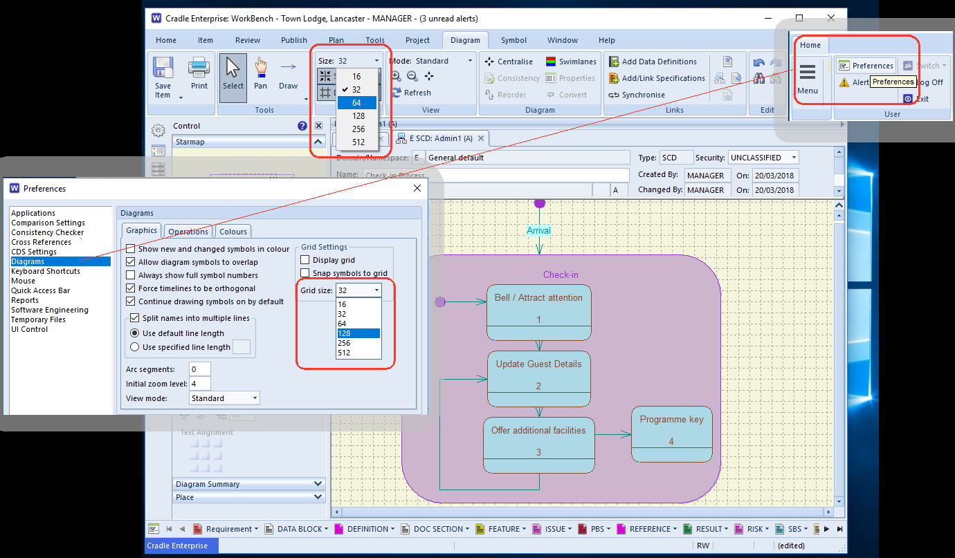 setting the grid preferences for diagram drawing in Cradle