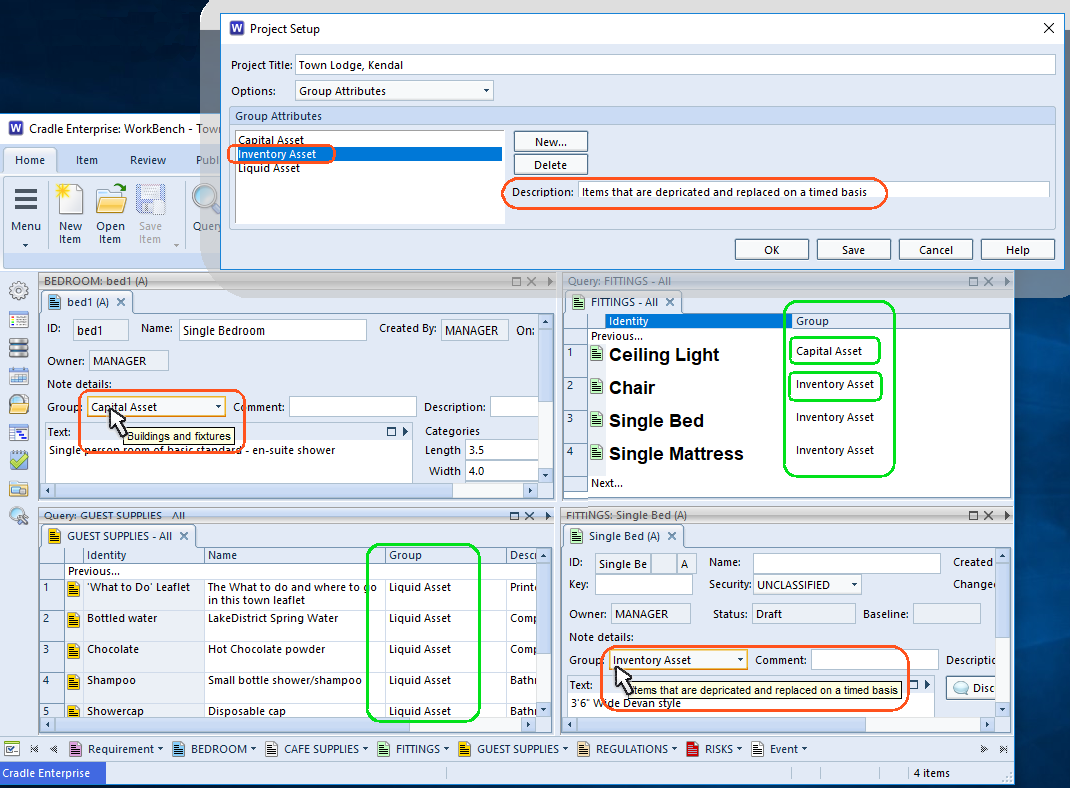 Showing the setup of group descriptions in the schema and tooltips in a form