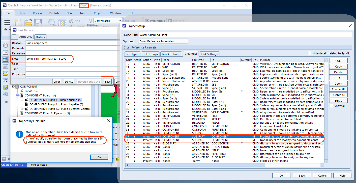 documenting the link rule purpose in the schema allows the user to be shown the reason an action was rejected