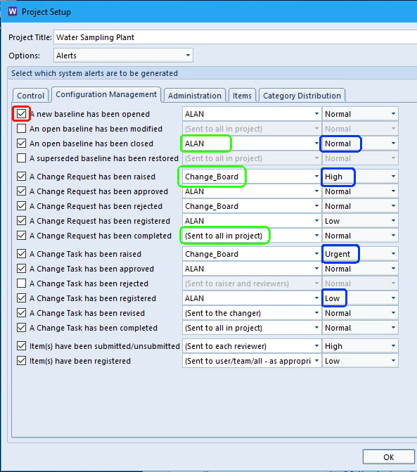 Alert settings in the Cradle Project Schema setup