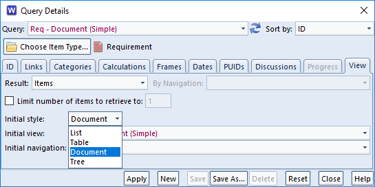 choose document style in a query in 3SL Cradle RM SE Tool