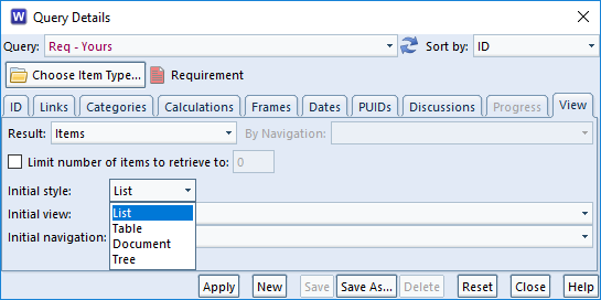 choose list style in a query in 3SL Cradle RM SE Tool