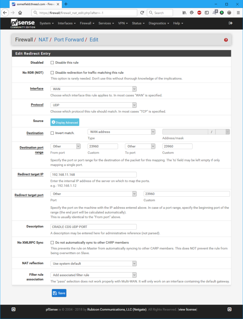 pfSense Cradle NAT Rules