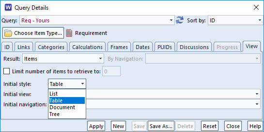 choose table style in a query in 3SL Cradle RM SE Tool