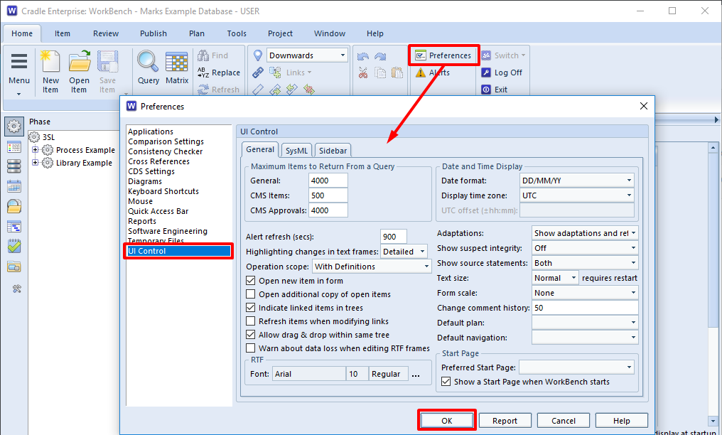 set UI preferences in 3SL Cradle RM SE Tool