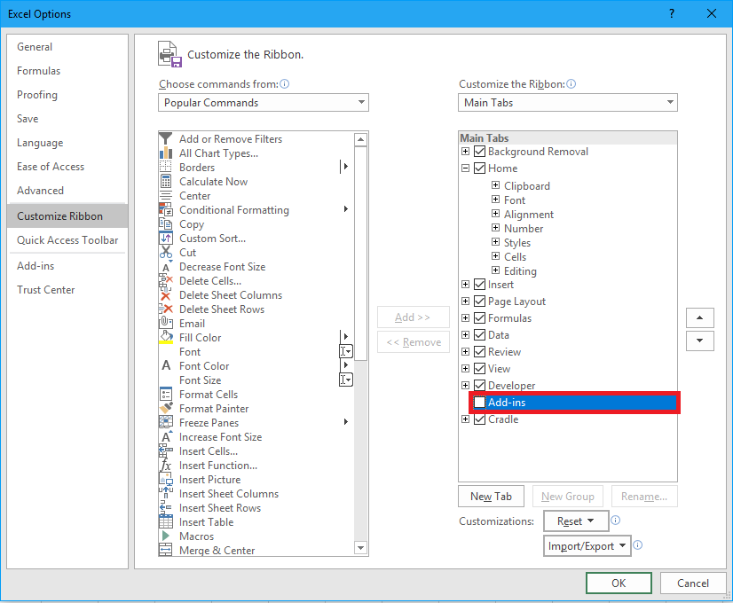 Image showing the cusomize ribbon window in excel