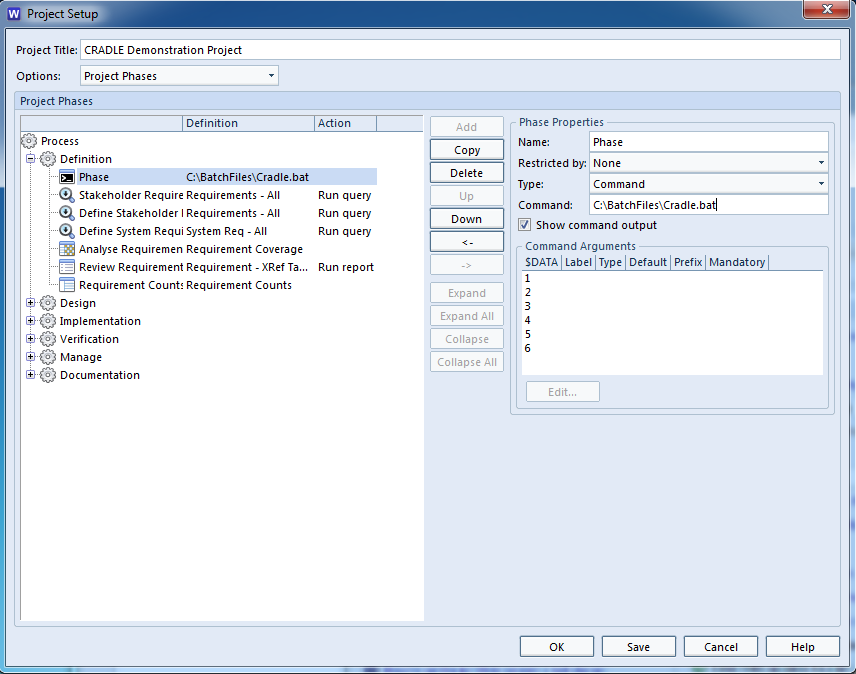 A screenshot showing how to setup a phase node to run a batch file