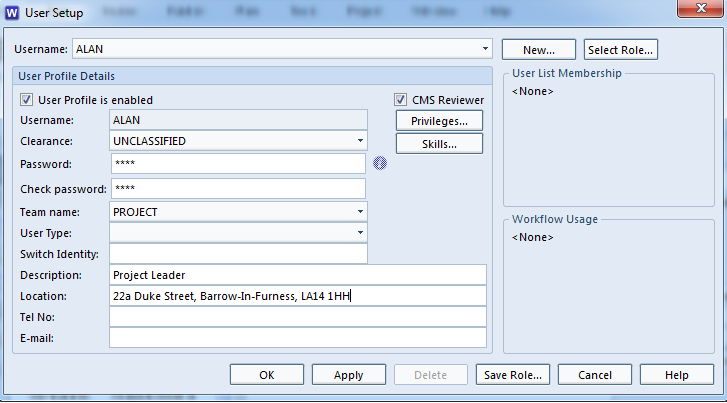 Screenshot showing User Setup dialog