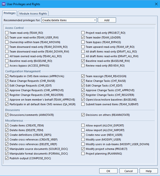 Screenshot of user privileges dialog