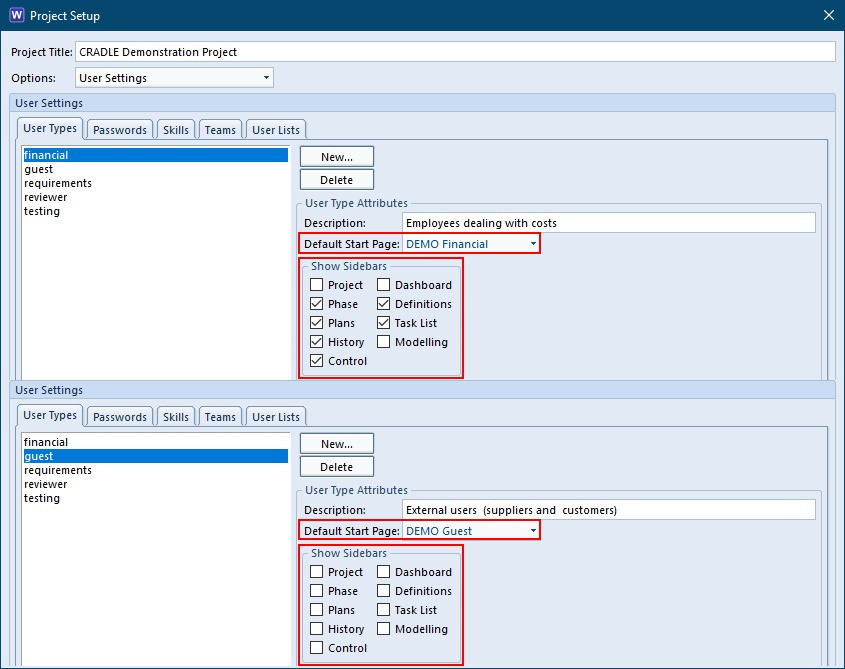 Sidebars options under User Types