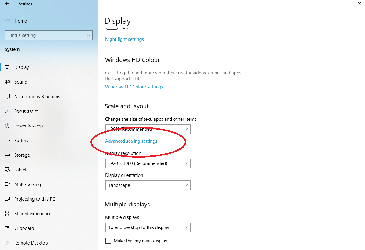 Screenshot of windows display settings