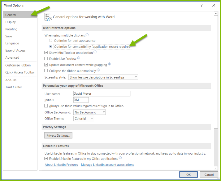 Screenshot of Word properties
