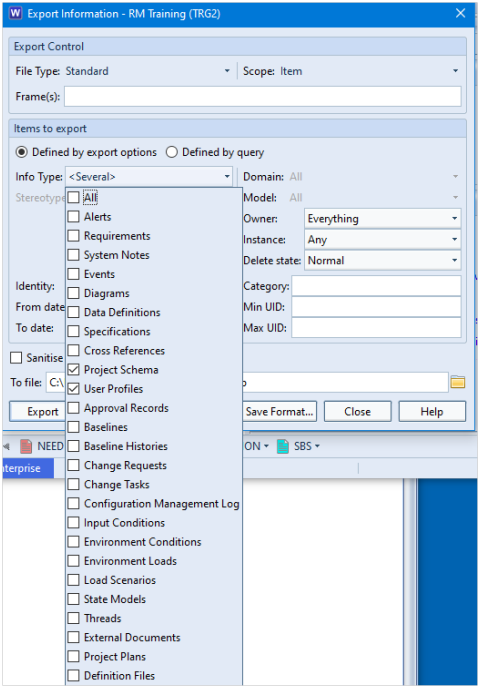 Screenshot showing export of project schema and user profiles