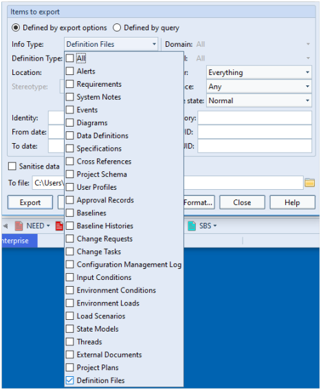 Screenshot showing Export Definition Files