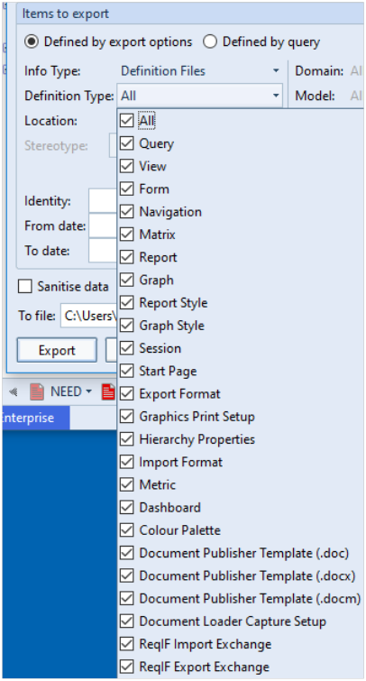 Screenshot showing Definition Types in Export