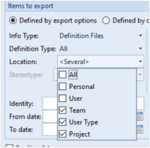 Screenshot showing Location of definitions in Export
